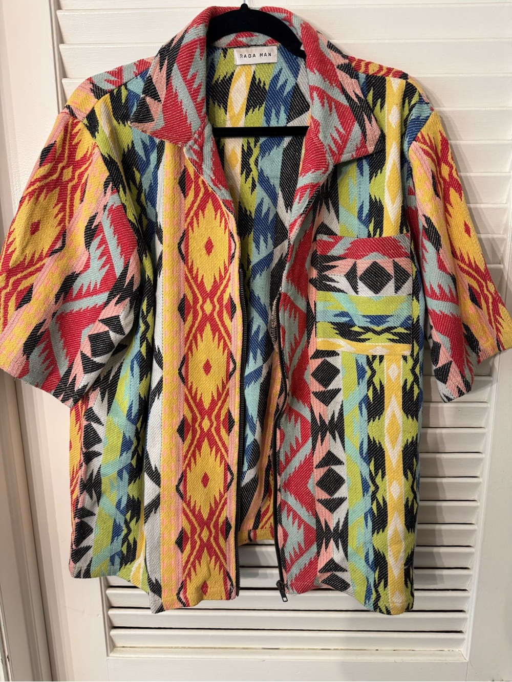 Raga Man Multicolor Aztec Short Sleeve Shirt zipper jacket size XL
